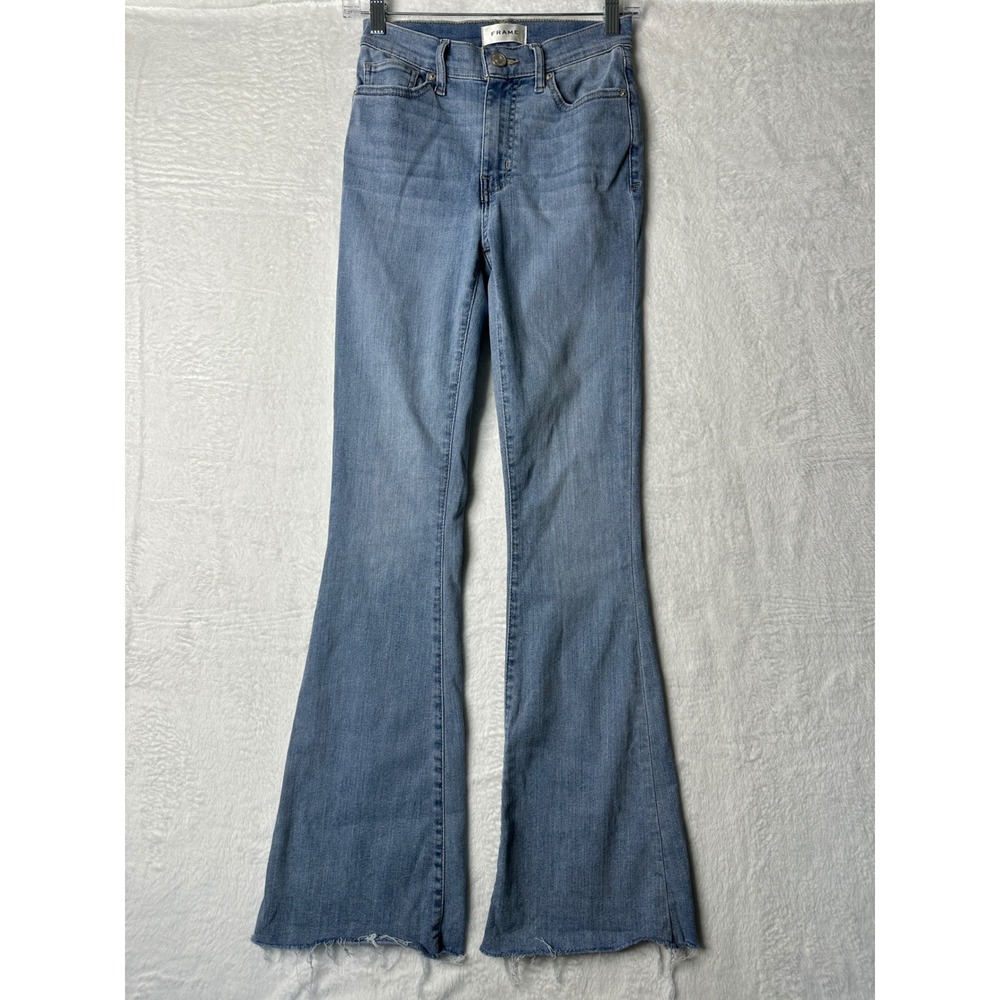 Frame Le High Flare Jeans Women 24 Light Blue Raw Hem Stretch Denim